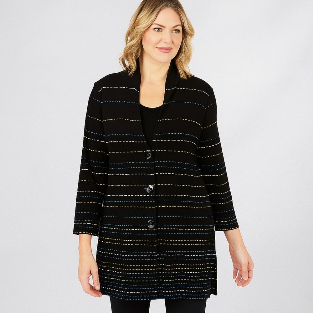 Misook Womens Cardigan L  Longline Striped Black  Sweater Multicolor Buttons